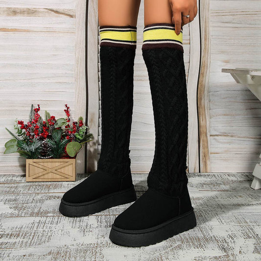 Winter Over-the-knee Boots With Long Knitted Sock Design Fashion Flat Thick-soled Shoes For Women Casual Warm Long Boot - Mubimart