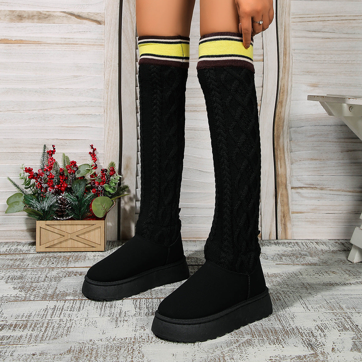 Winter Over-the-knee Boots With Long Knitted Sock Design Fashion Flat Thick-soled Shoes For Women Casual Warm Long Boot