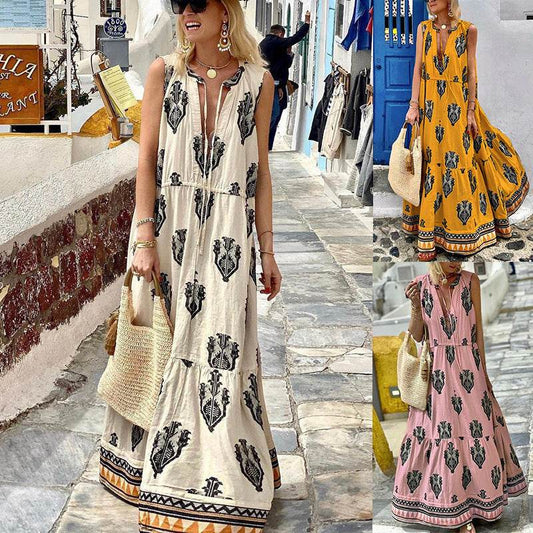 Women's Sleeveless Midi Printed Dress - Mubimart