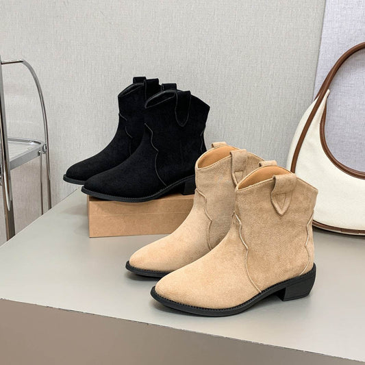 Cowboy Boot Short Plush Autumn Pointed-toe Short Boots - Mubimart