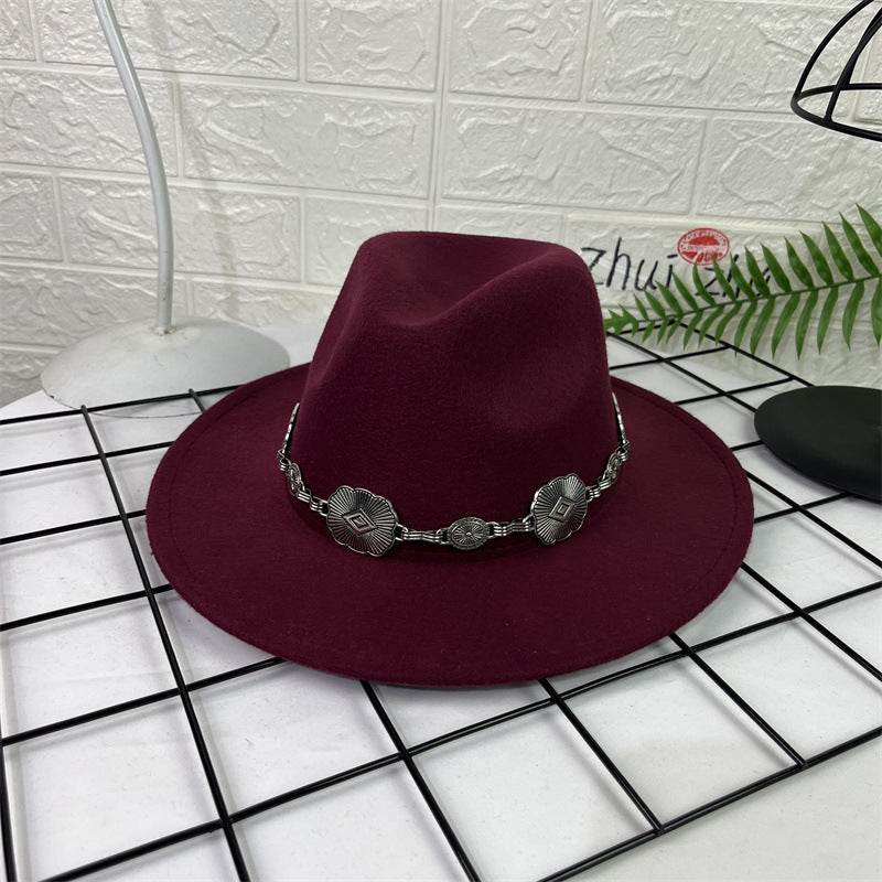 Hat Silver Square Chain Top Hat Wide Brim Flat Edge Woolen Fedora Hat - Mubimart