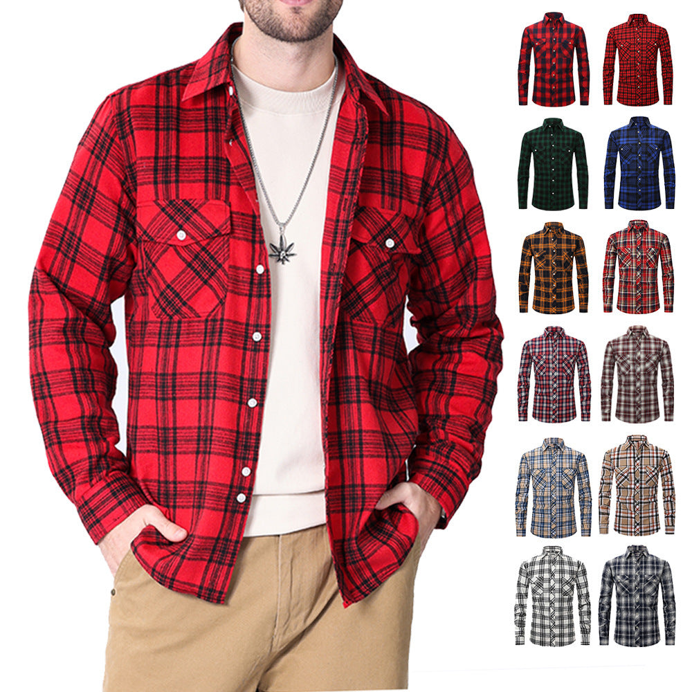 Vintage Flannel Men's Long Sleeve Brushed Plaid Shirt Coat