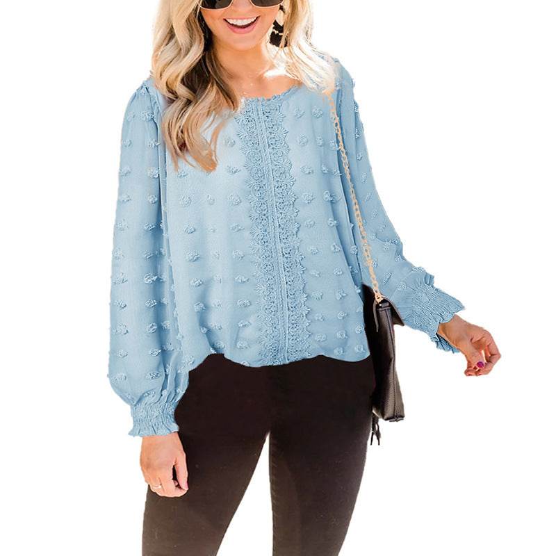 Chiffon Jacquard Lantern Long-sleeved Round Neck Blouse Women - Mubimart