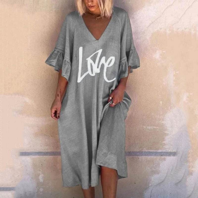 V-neck Lotus Leaf Sleeve Plus Size Dress Printing Fashion Casual Midi Skirt - Mubimart