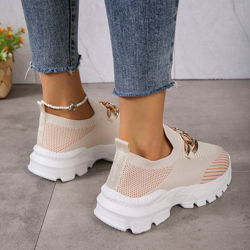 Fashion Chain Design Mesh Shoes For Women Breathable Casual Soft Sole Walking Sock Slip On Flat Shoes - Mubimart