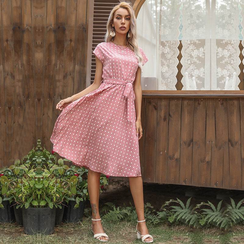 Summer Women Polka Dot Short Sleeve Dress Casual Bandage Party Pleated Midi Dresses Elegant Green Office Lady Clothing - Mubimart