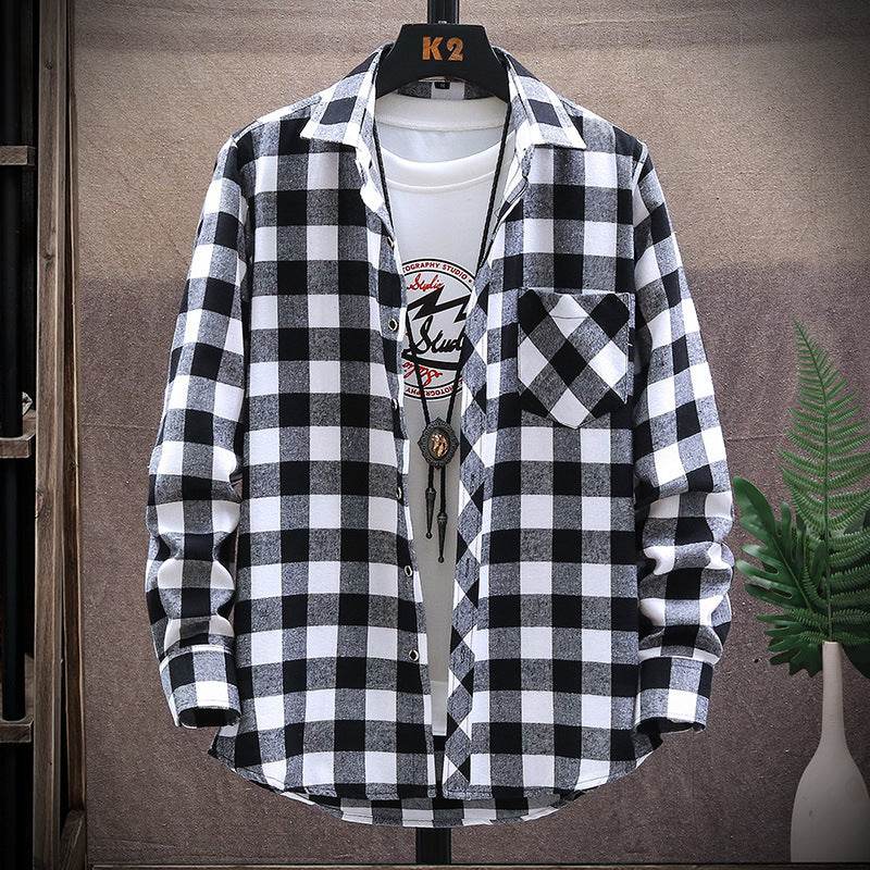 Flannel Brushed Plaid Slim Fit Long Sleeved Shirt - Mubimart