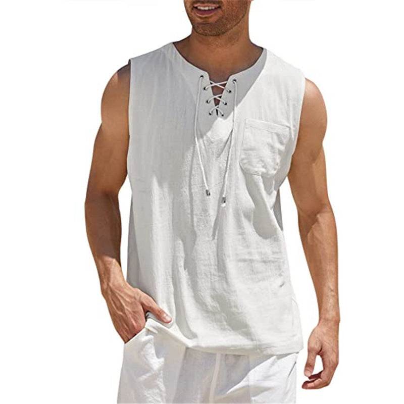 Summer Tank Vest Men Shirt Collar Tie Short Sleeve T-Shirt - Mubimart