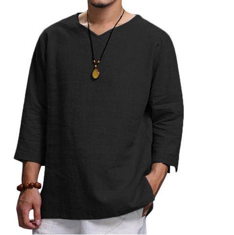 Loose Casual V-neck Top Cotton And Linen Long Sleeve Pullover Shirt Mens Clothing - Mubimart