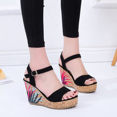 Cross Wedge Embroidered Sandals New Summer High Heels National Style Roman Women's Sandals Toe Women's Shoes