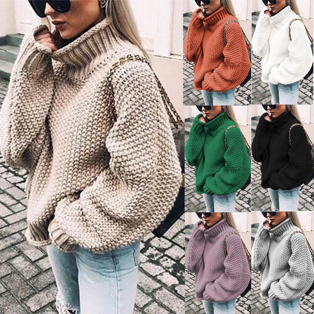 Women's Chunky Turtleneck Turtleneck Doll Sleeve Sweater - Mubimart