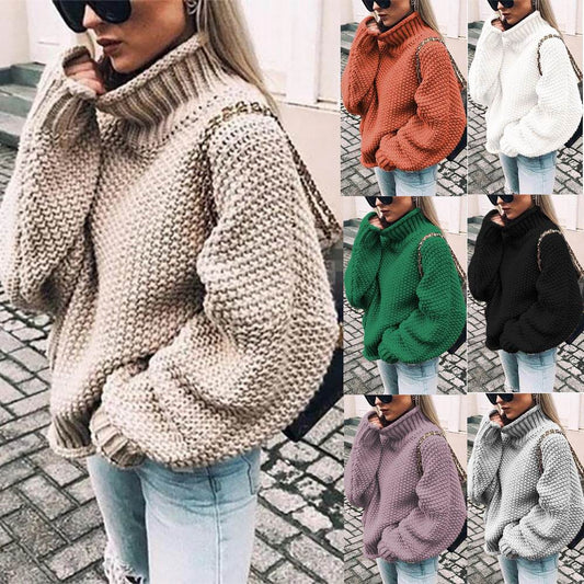 Women's Chunky Turtleneck Turtleneck Doll Sleeve Sweater - Mubimart