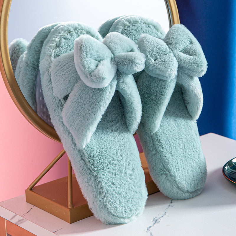 Bowknot Plush Slippers Plush Cotton Slippers - Mubimart -  