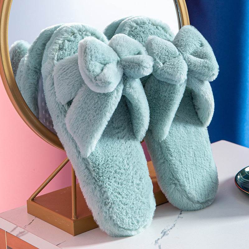 Bowknot Plush Slippers Plush Cotton Slippers - Mubimart