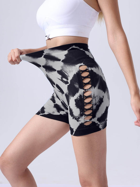 Women's Tie-dye Side Bow Hollow High Waist Hip Lifting Sports Fitness Yoga Shorts, Shorts For Women High Waist Tie Dye Workout Yoga Gym Scrunch Butt Lifting Cycling Biker Shorts - Mubimart