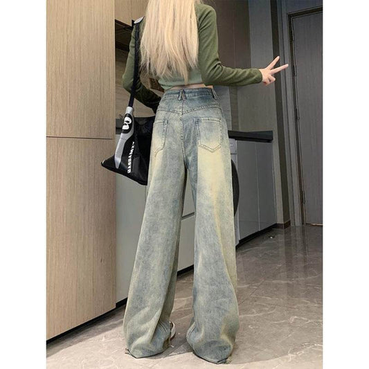 Retro Blue Distressed Wide-leg Jeans For Women - Mubimart