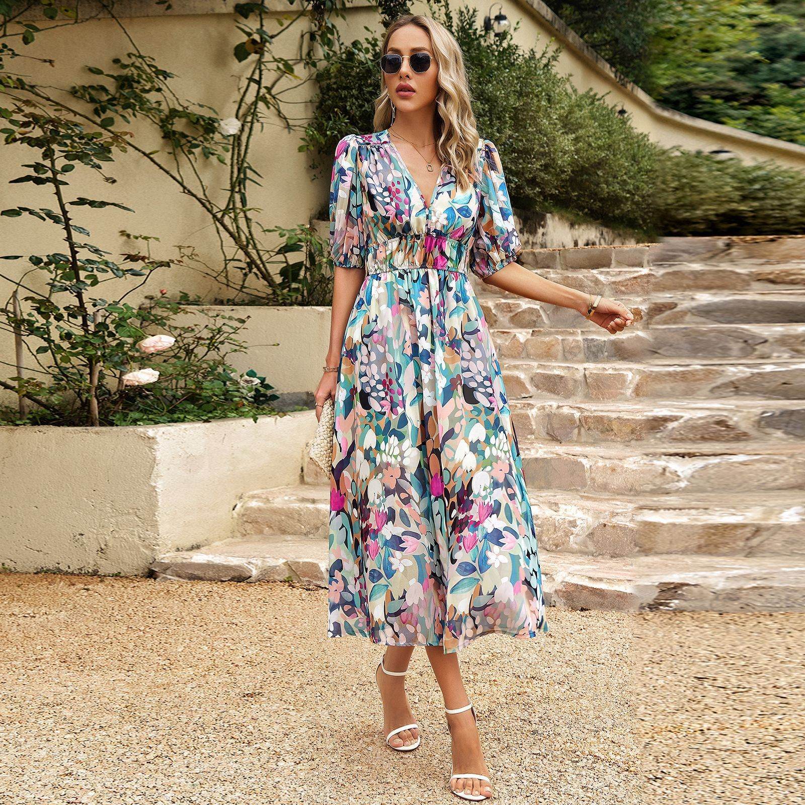 New V-neck Printed Short-sleeved Long Dress Summer Fashion Slim Seaside Vacation Beach Dresses For Women Clothing - Mubimart