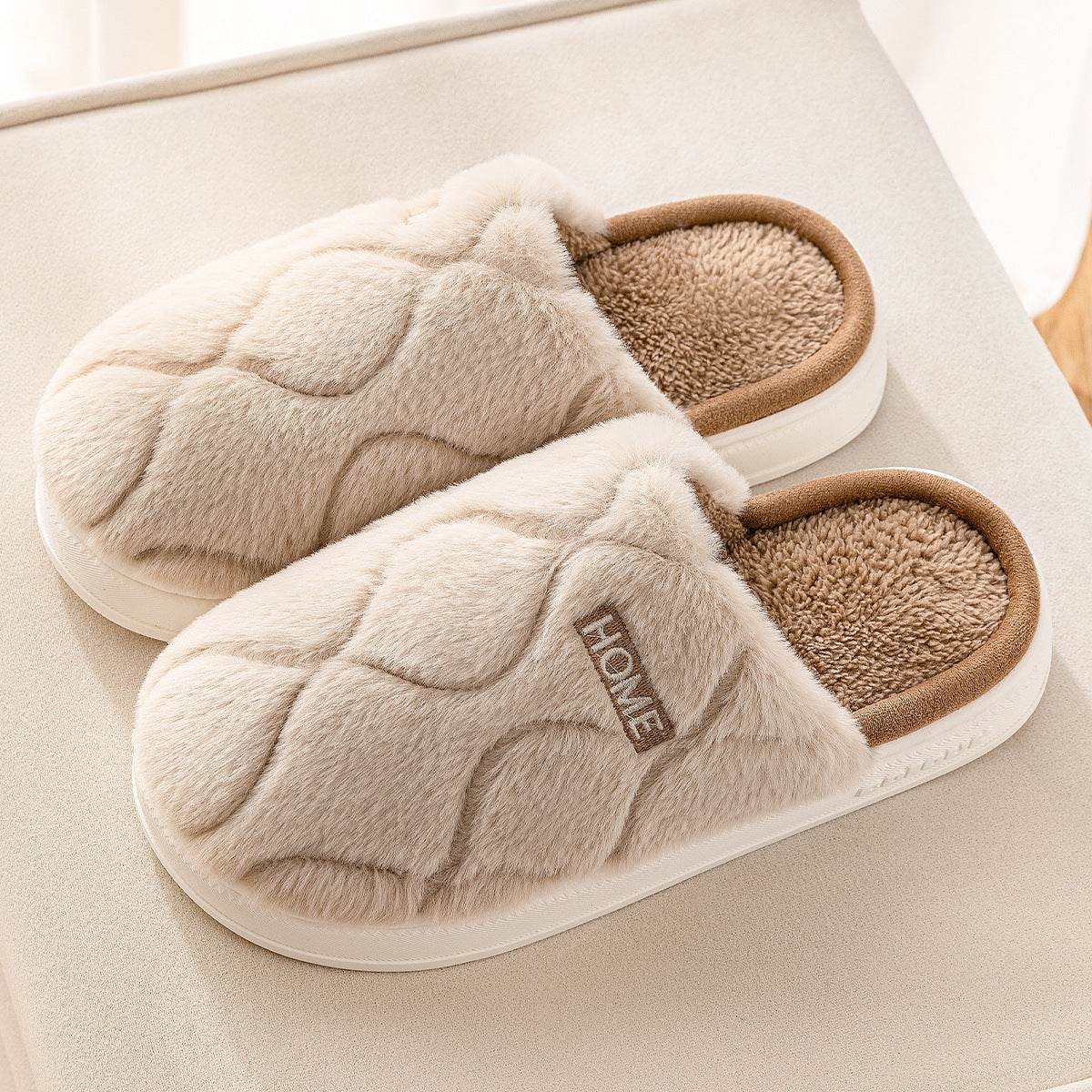 Plush Slippers Winter For Women Indoor Floor Bedroom Home Slipper Warm Solid House Shoes Men Couple - Mubimart
