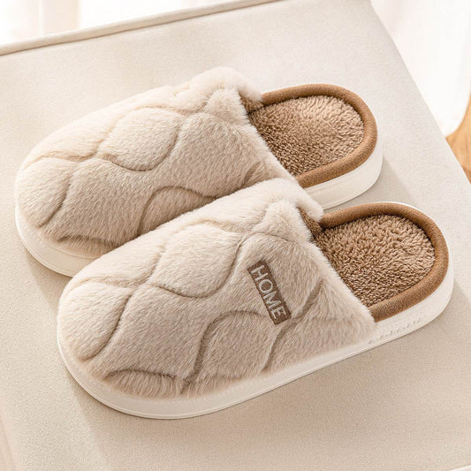 Plush Slippers Winter For Women Indoor Floor Bedroom Home Slipper Warm Solid House Shoes Men Couple - Mubimart