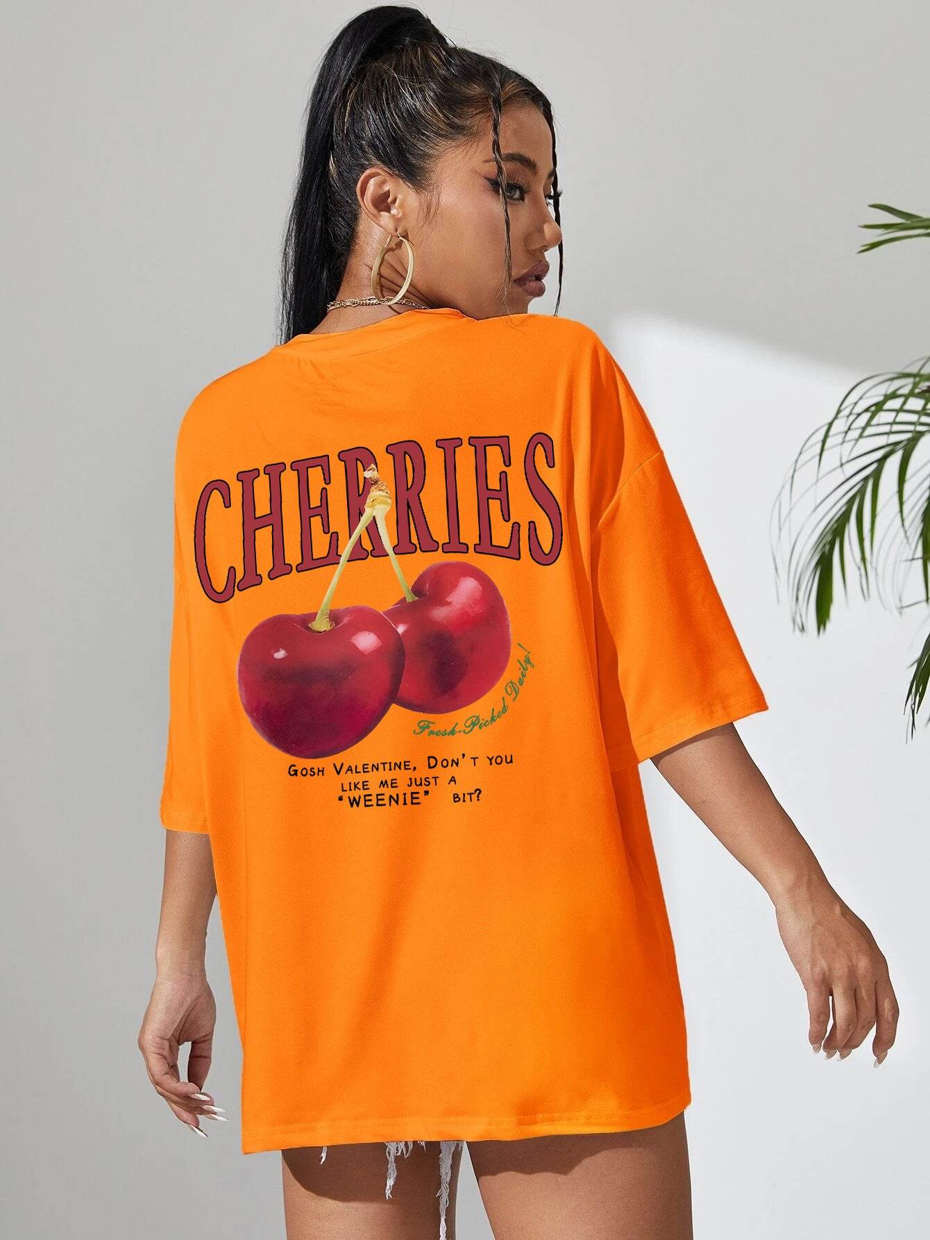 Cotton Women T-shirt Red Cherries Printed Tees Summer - Mubimart