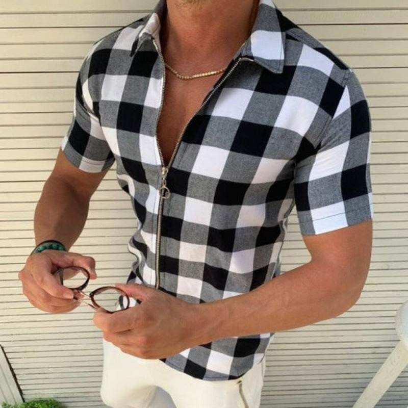 Plaid T Shirt Mens Zipper Short Sleeve Shirts Summer Men Clothing - Mubimart