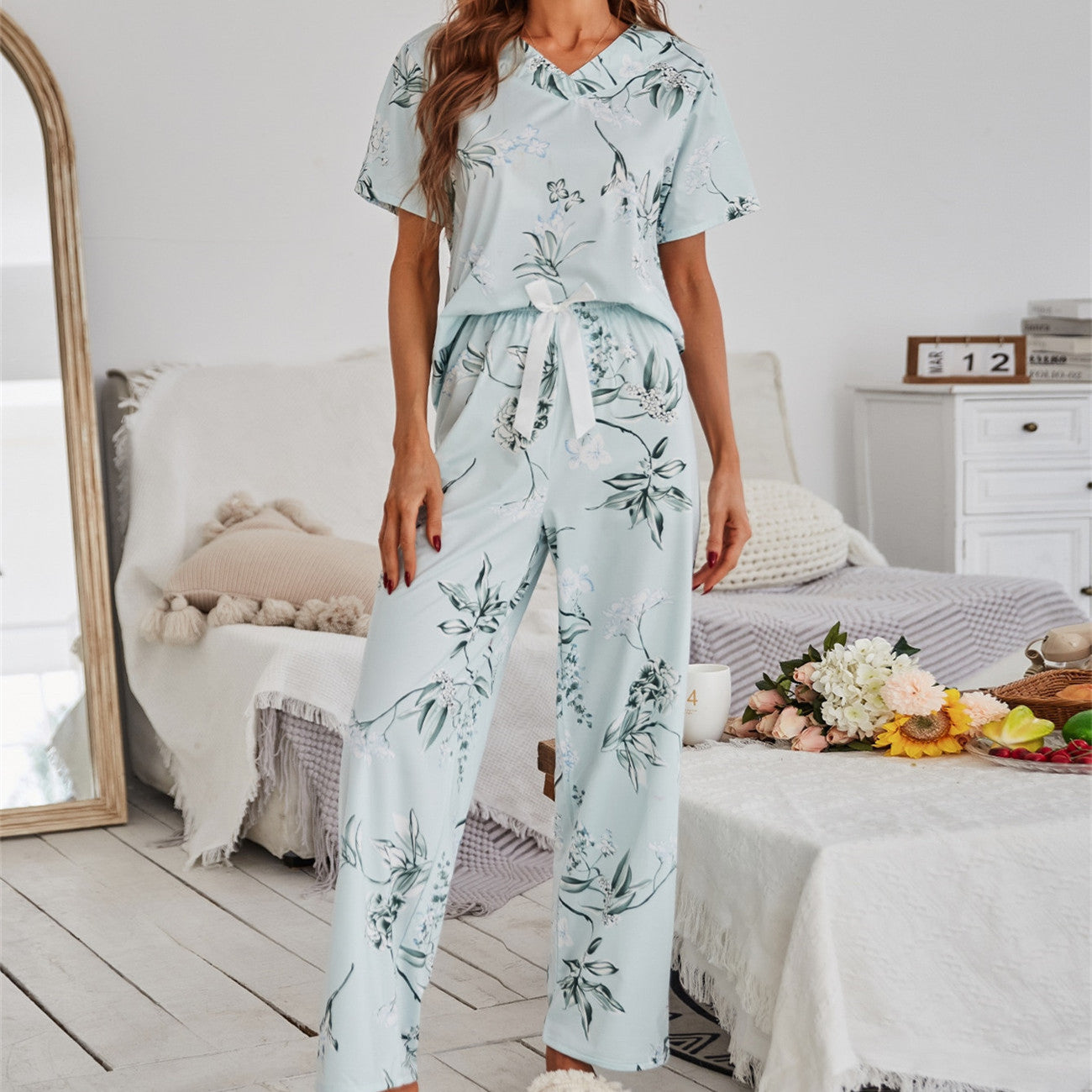 Pajamas Women's Floral Print Short Sleeve Loungewear - Mubimart - Loungewear 