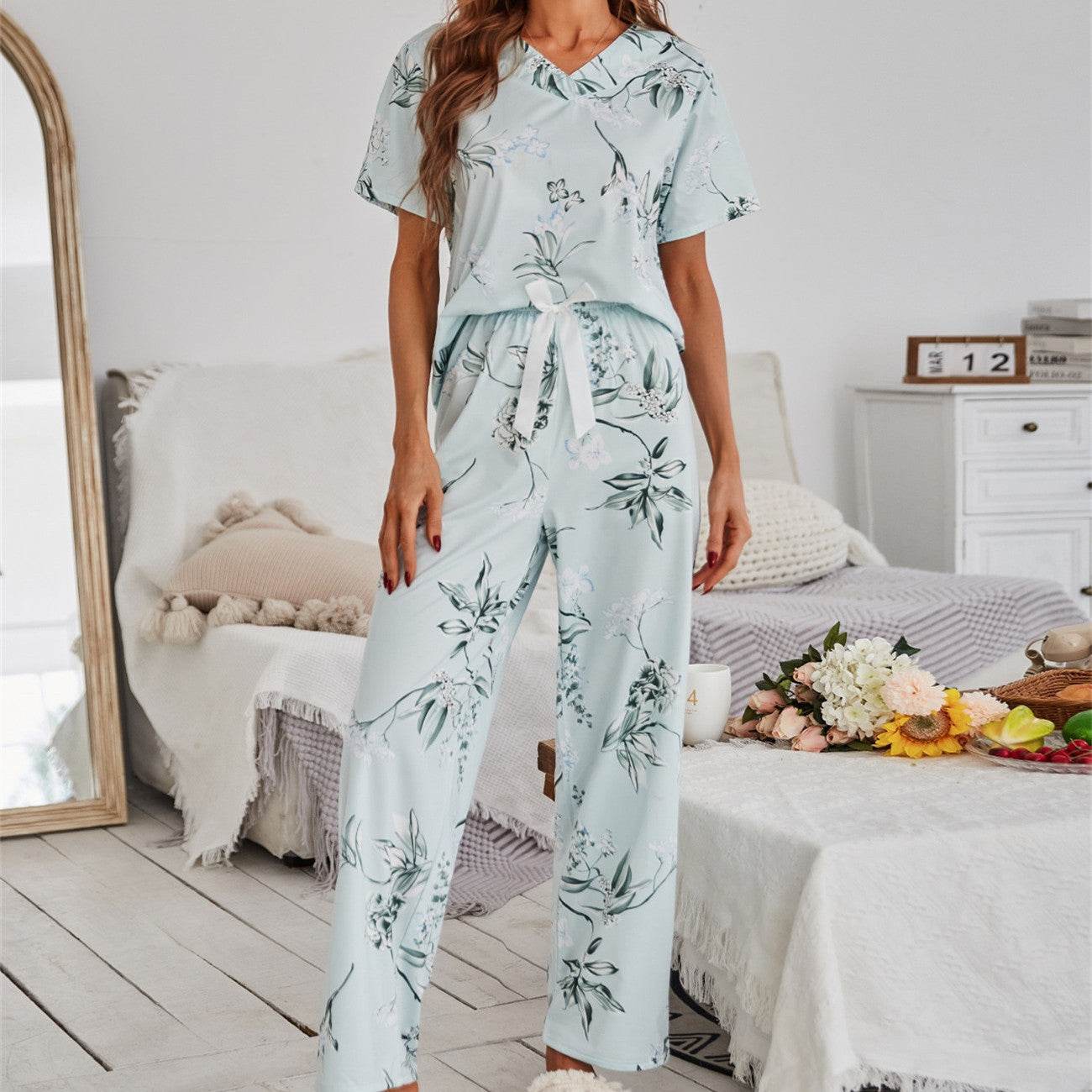 Pajamas Women's Floral Print Short Sleeve Loungewear - Mubimart