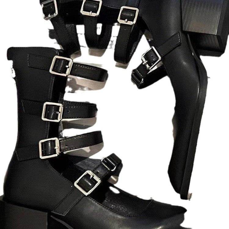 Roman Buckle Mid-calf Pointed Sandal Boots Women's Summer - Mubimart