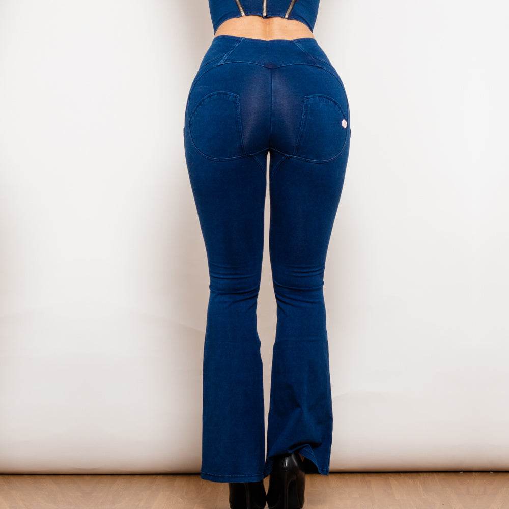 Shascullfites Melody Dark Blue Flared Lift Jeggings Button Up Jeans Bum Lift Jeans High Waist Flare Jeans Women - Mubimart