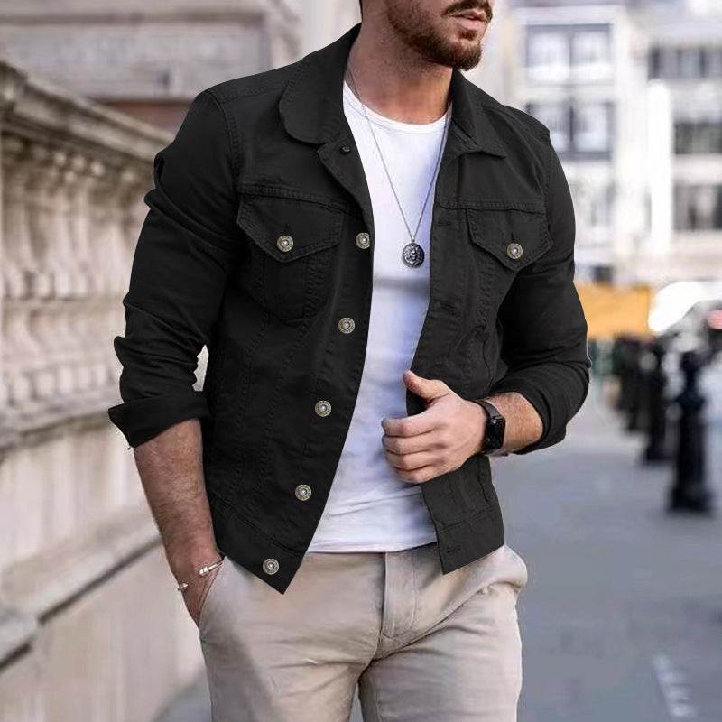 Mens Slim Fit Denim Lapel Jacket - Mubimart