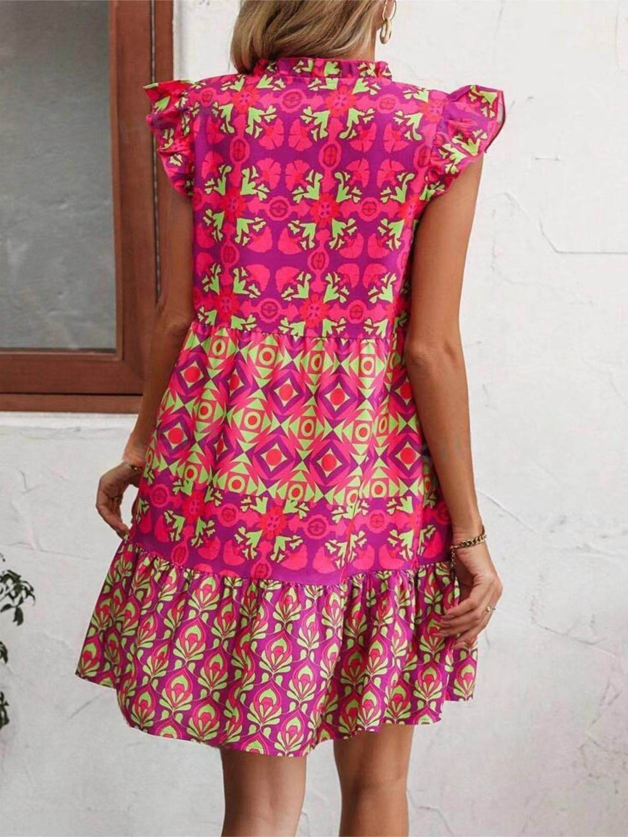 Printed Sleeveless Dress Summer Fashion V-Neck Lace-up Straight Dresses For Womens Clothing - Mubimart