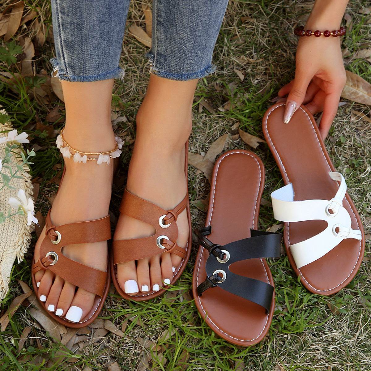 Round Toe Flat Sandals Summer Fashion Casual Non-slip Slides Shoes For Women - Mubimart