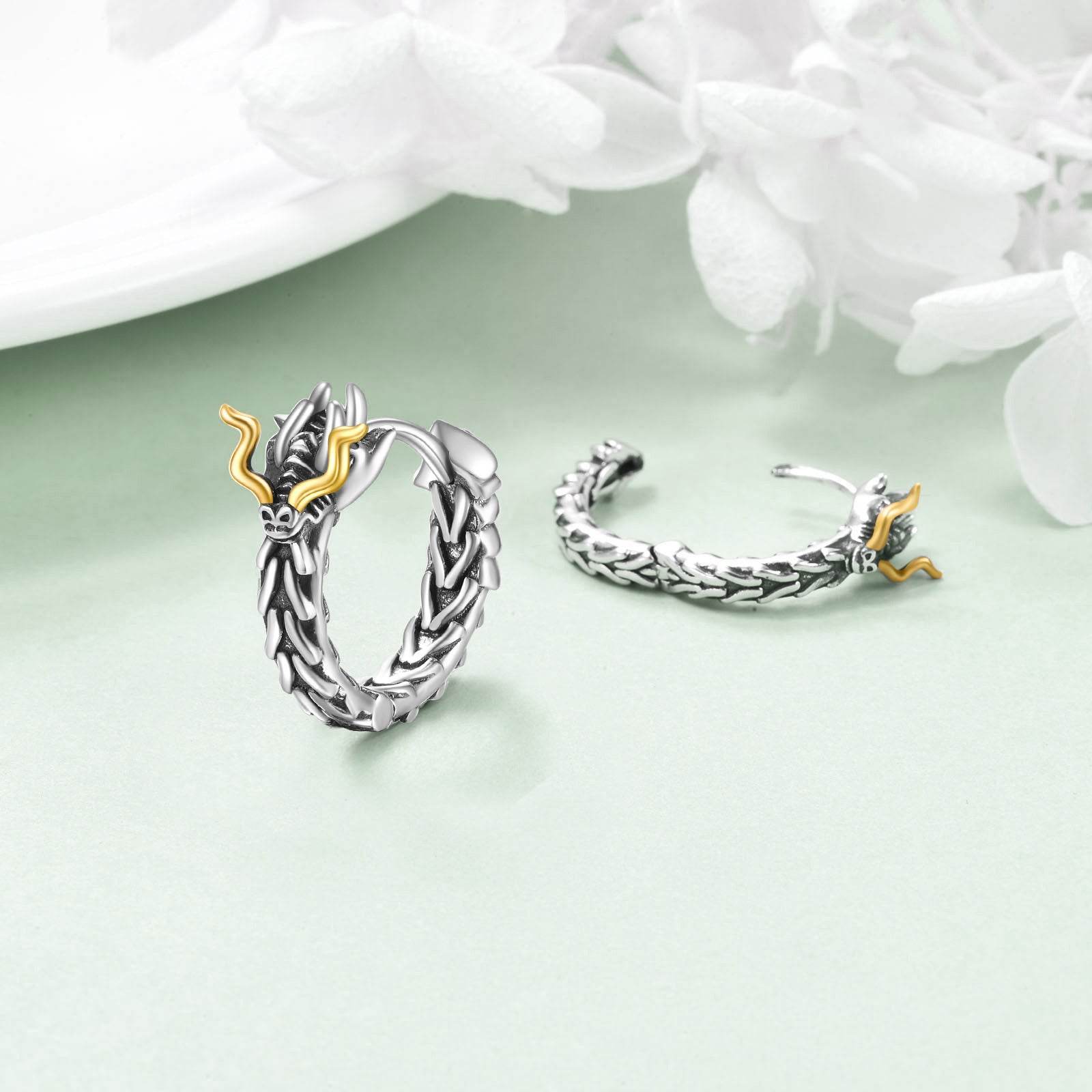 Sterling Silver Dragon Hoop Huggie Earrings Jewelry Gifts for Men - Mubimart