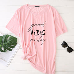 Plus Size Women's Good Vibes Letter Print Funny T-shirt - Mubimart -  