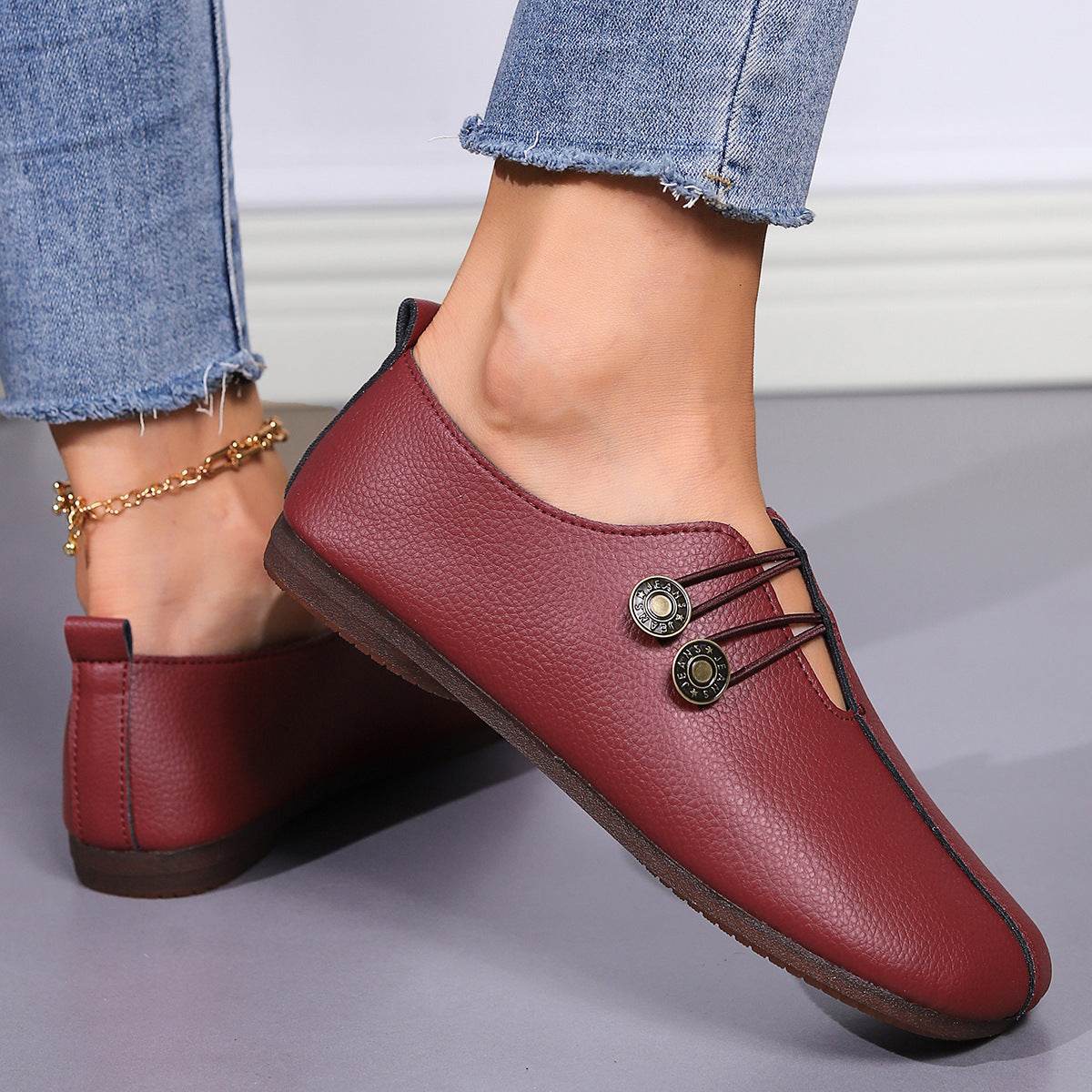 Casual Square Toe Flats Shoes Fashion Slip-on Button Loafers Women Shoes - Mubimart