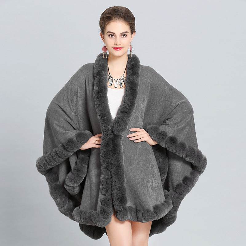 New Large Size Faux Fox Fur Collar Knitted Shawl - Mubimart