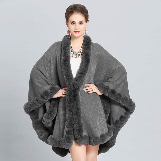 New Large Size Faux Fox Fur Collar Knitted Shawl - Mubimart
