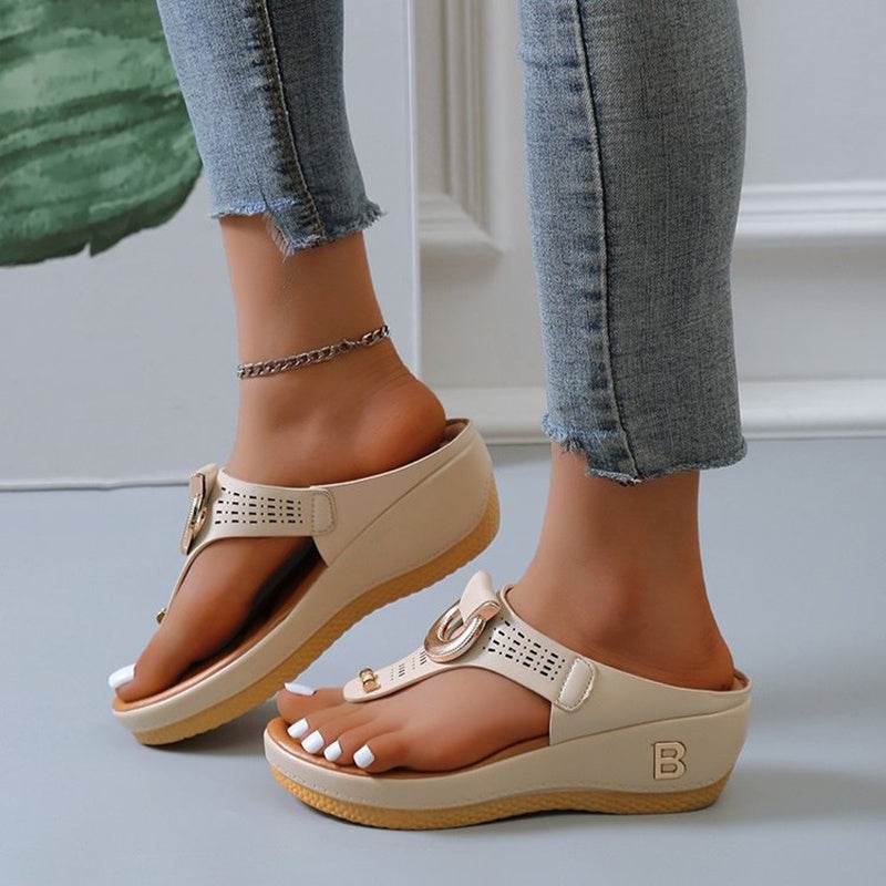 Thong Sandals Women High Heel Wedges Shoes Flip Flops Metal Decorative Slides Slippers - Mubimart
