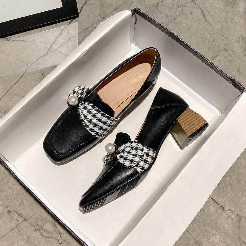 Women's High Heel Leather Shoes British Style Loafers Thick Heel Single Shoes Women - Mubimart