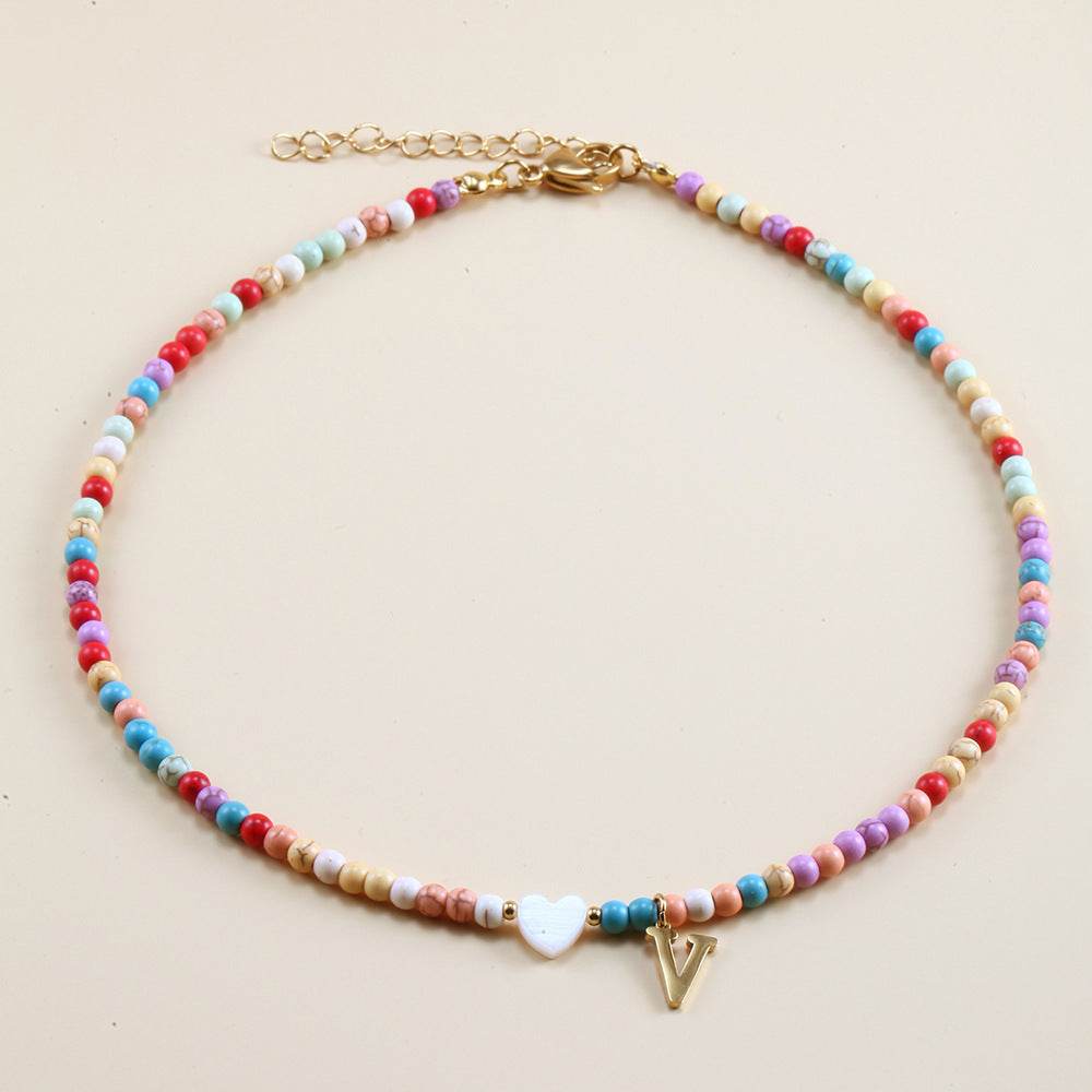 Colorful Beads Initial Choker For Women Stainless Steel Lett - Mubimart