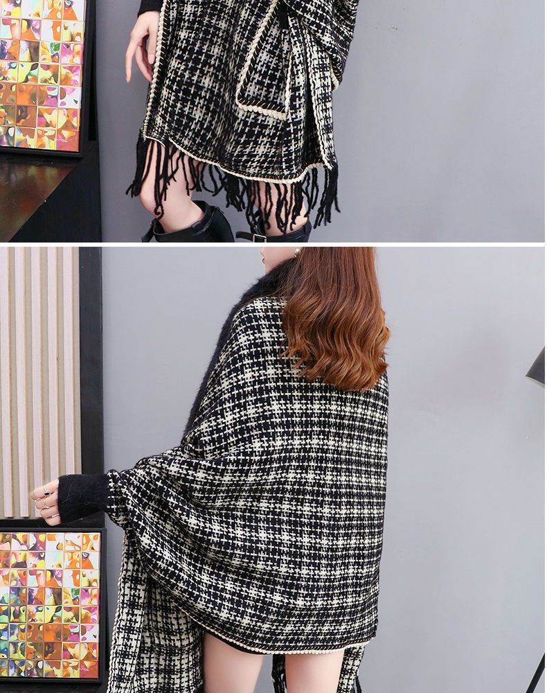 Autumn And Winter New Imitated Mink Cashmere Fur Collar Cape And Shawl Plus Size Tassel Knitted Cardigan - Mubimart