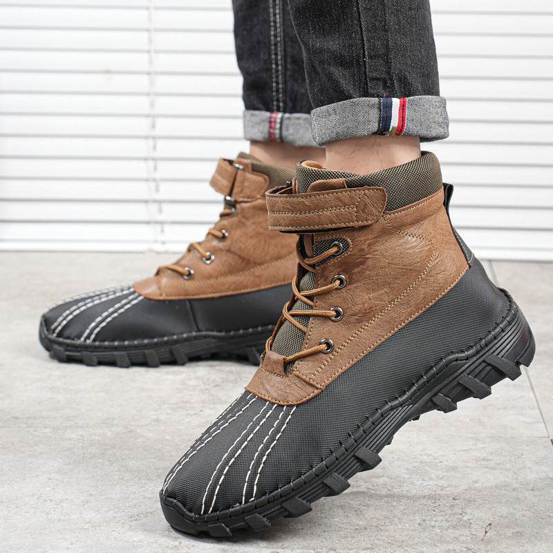 Winter Fleece Lace-up Snow Boots For Men Women Waterproof And Anti-slip Outdoor Work Boot Fashion Warm Mid-tube Cotton Shoes Men - Mubimart