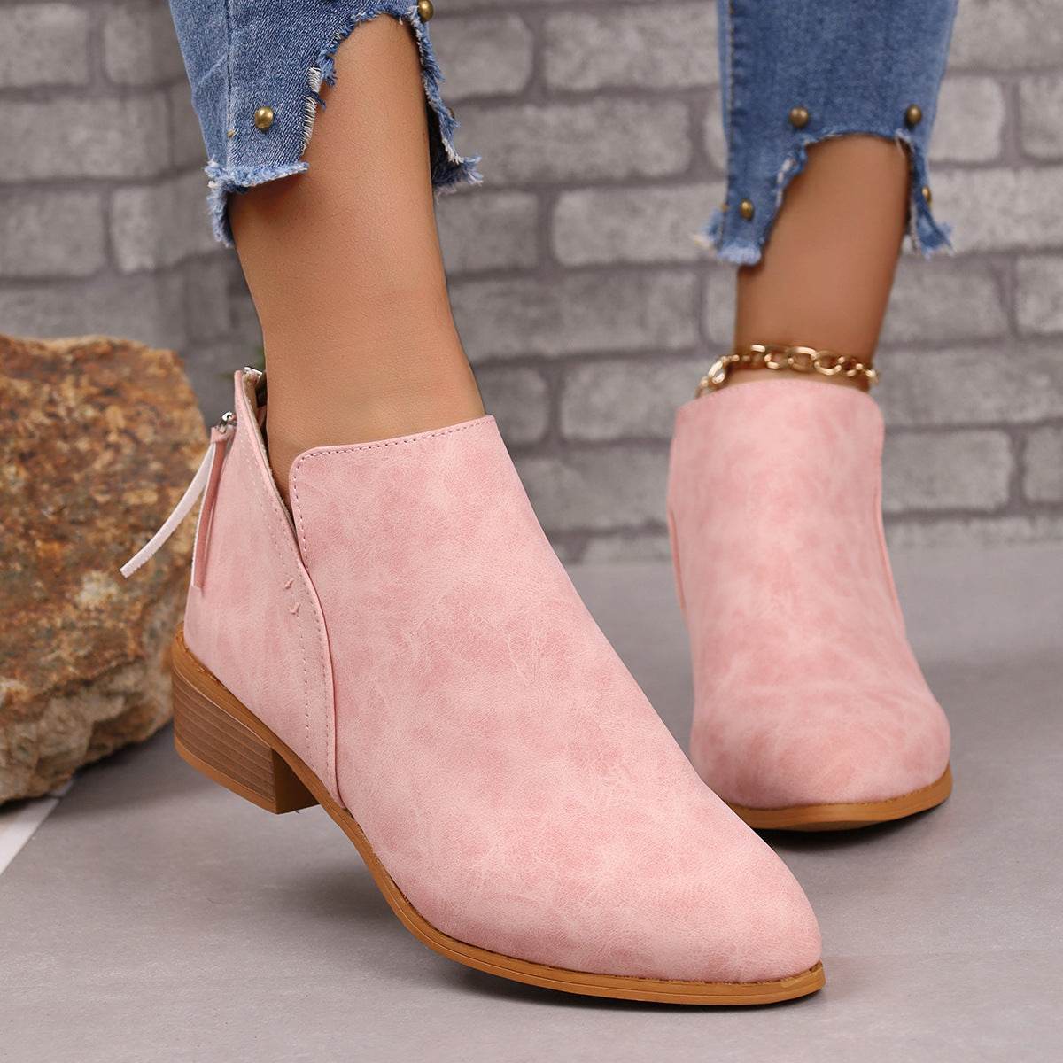 Chunky Heel Pointed Toe Ankle Boots With V-cut Design Fashion Fall Winter Short Boots For Women Shoes - Mubimart