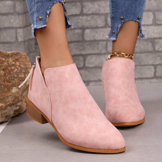 Chunky Heel Pointed Toe Ankle Boots With V-cut Design Fashion Fall Winter Short Boots For Women Shoes - Mubimart