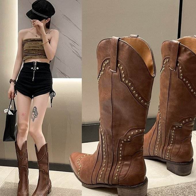 Retro Rivet Western Cowboy Boot All-match High-top Women - Mubimart