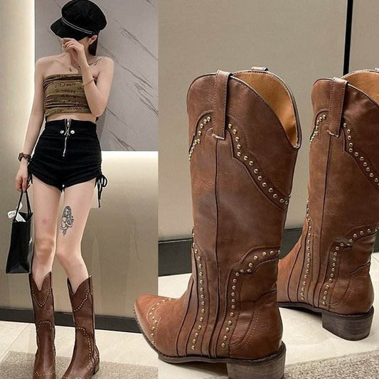 Retro Rivet Western Cowboy Boot All-match High-top Women - Mubimart