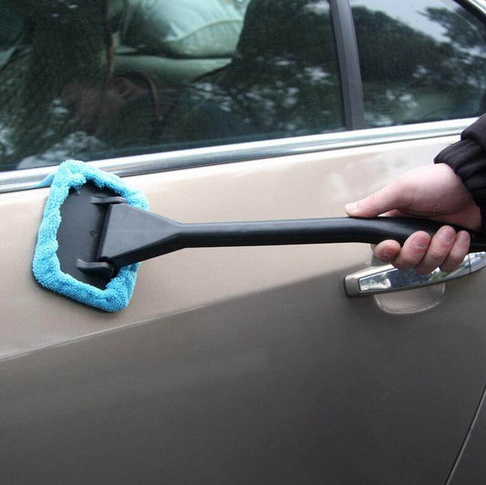 microfiber car window cleaner with brush long handle car washer, windshield wiper, glass cleaning brush washable cloth fabric practice tool - Mubimart