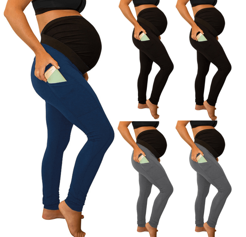 pure color panel long and high waist side pocket Maternity Pants - Mubimart