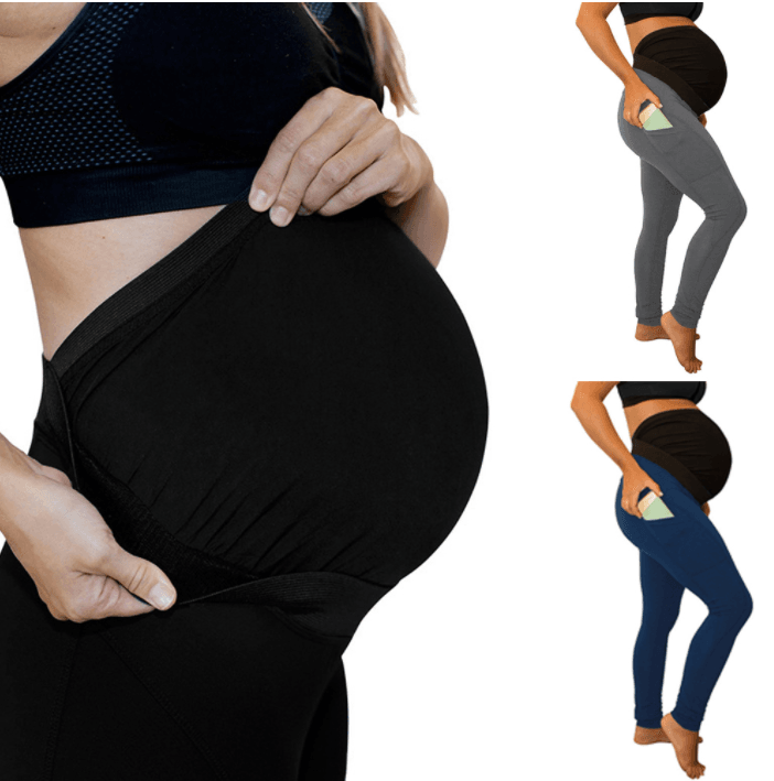 pure color panel long and high waist side pocket Maternity Pants - Mubimart