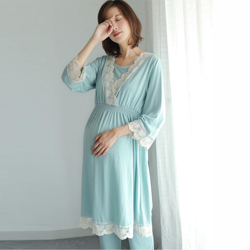 spring and autumn new Japanese maternity dress pregnant women breastfeeding clothes month clothes postpartum home service lace pajamas set - Mubimart -  